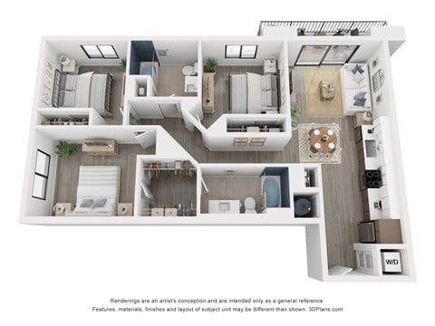 Floor plan for 3 beds, 2 baths, 1204 sqft