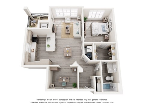 Floor plan for 1 bed, 1 bath, 911 sqft