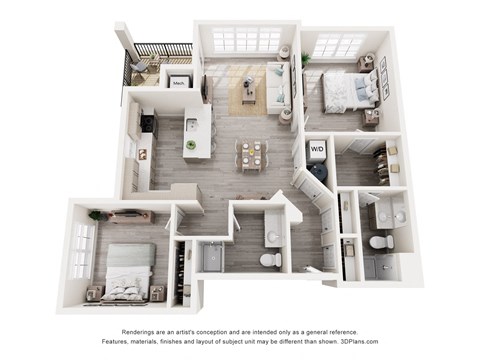 Floor plan for 2 beds, 2 baths, 1076 sqft