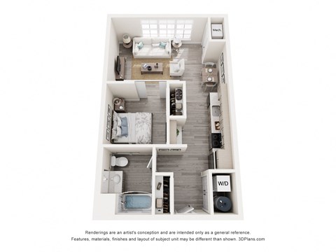 Floor plan for studio, 1 bath, 611 sqft