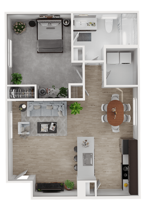Floor plan for 1 bed, 1 bath, 644 sqft
