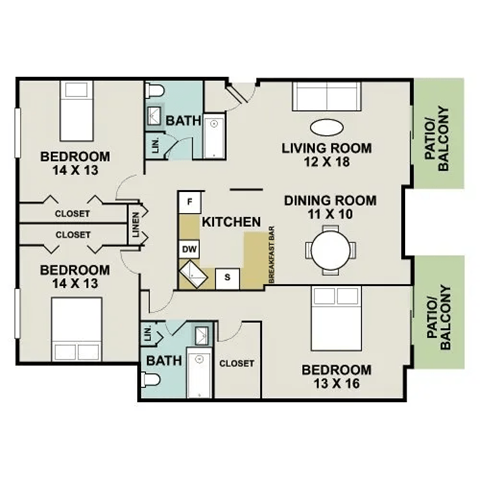 Floor plan for 3 beds, 2 baths, 1550 sqft