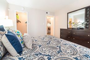 San Antonio apartment for rent - a bedroom with a bed and a mirror