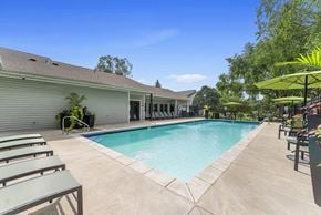 Olathe apartment for rent - A pool surrounded by lounge chairs and umbrellas.