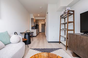 Portland apartment for rent - A living room with a white couch and a wooden bookshelf.