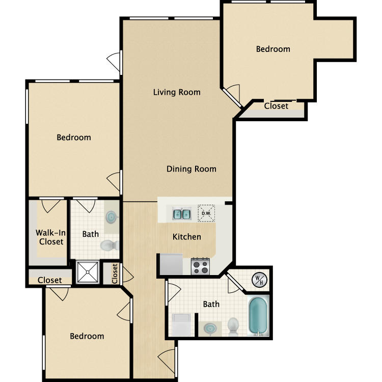 Floor plan for 3 beds, 2 baths, 1117 sqft