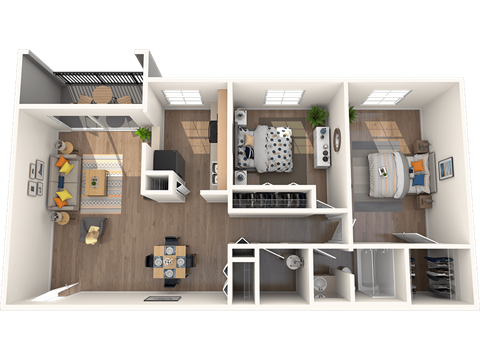 Floor plan for 2 beds, 1 bath, 971 sqft