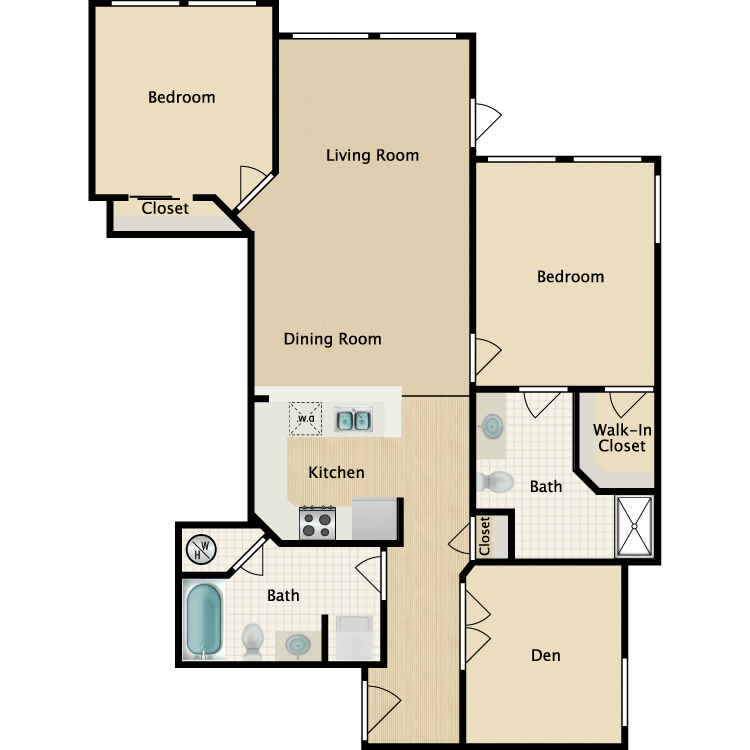 Floor plan for 2 beds, 2 baths, 1129 sqft