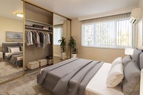 Los Gatos apartment for rent - Apartments Near Stanford - Los Gatos, CA - El Gato Penthouse - Bedroom With Plush Carpeting, Spacious Closet With Large Sliding Mirror Doors, A Window For Natural Light, And A/C