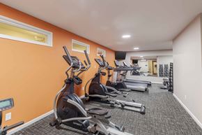 Blaine apartment for rent - A gym with orange walls and a row of treadmills.
