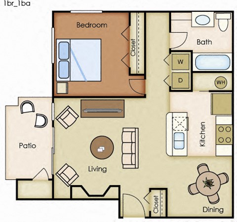 Floor plan for 1 bed, 1 bath, 737 sqft