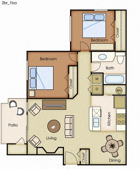 Floor plan for 2 beds, 1 bath, 900 sqft