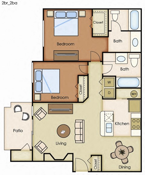 Floor plan for 2 beds, 2 baths, 1010 sqft
