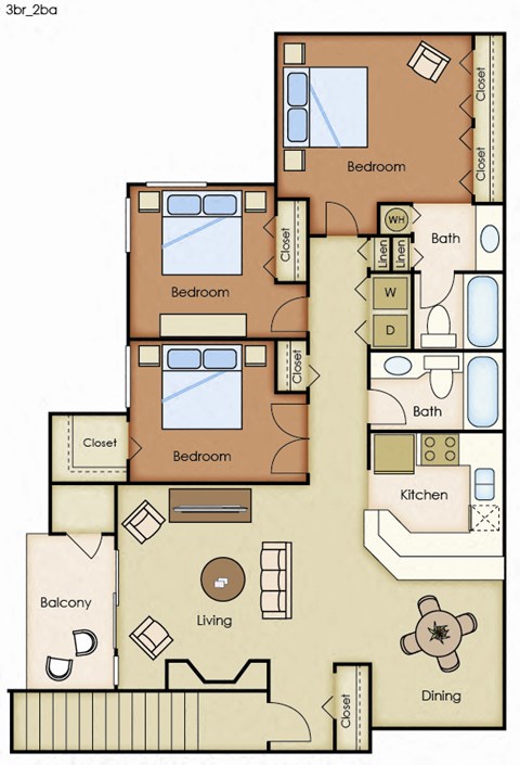 Floor plan for 3 beds, 2 baths, 1275 sqft