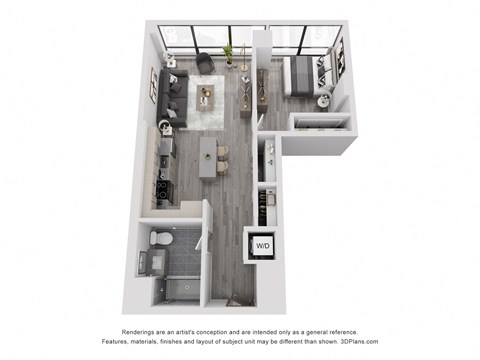 Floor plan for 1 bed, 1 bath, 719 sqft