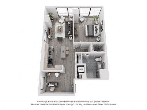 Floor plan for 1 bed, 1 bath, 905 sqft