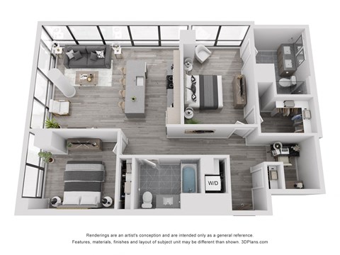 Floor plan for 2 beds, 2 baths, 1259 sqft