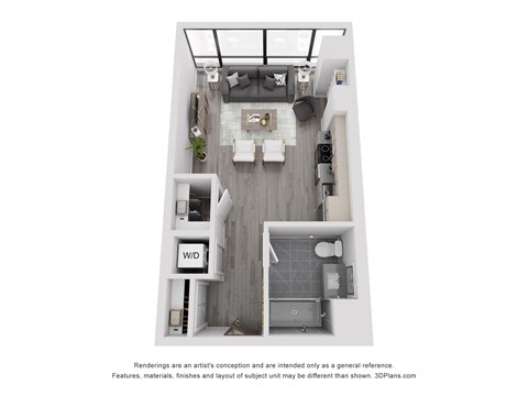 Floor plan for studio, 1 bath, 490 sqft