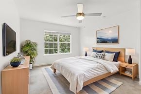 Kissimmee apartment for rent - A bedroom with a large bed, a television, and a potted plant.