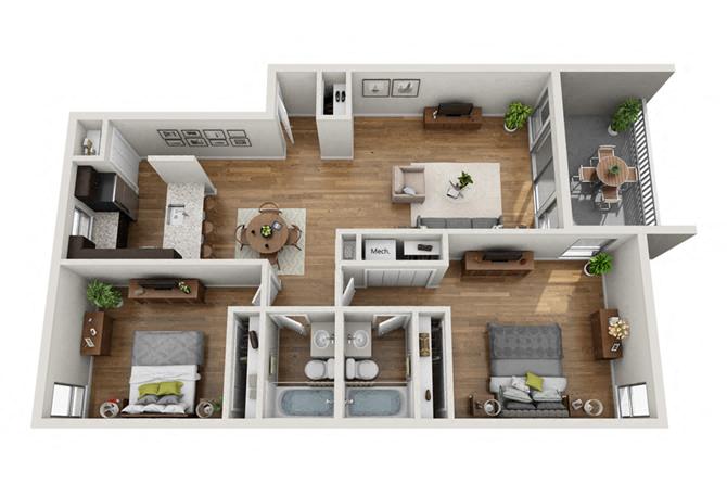 Floor plan for 2 beds, 2 baths, 1050 sqft