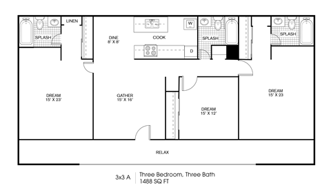 Floor plan for 3 beds, 3 baths, 1488 sqft