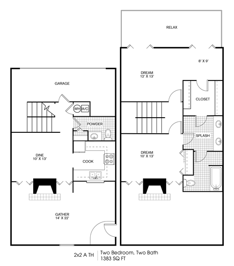 Floor plan for 2 beds, 2 baths, 1383 sqft