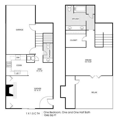 Floor plan for 1 bed, 1.5 baths, 1046 sqft