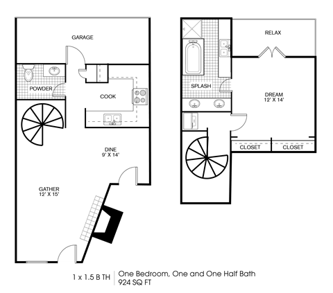 Floor plan for 1 bed, 1.5 baths, 924 sqft