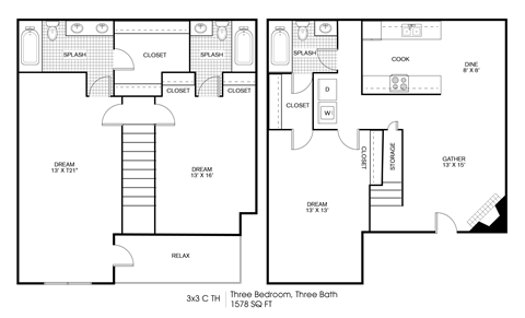 Floor plan for 3 beds, 3 baths, 1578 sqft