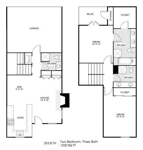 Floor plan for 2 beds, 3 baths, 1220 sqft