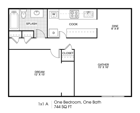Floor plan for 1 bed, 1 bath, 744 sqft