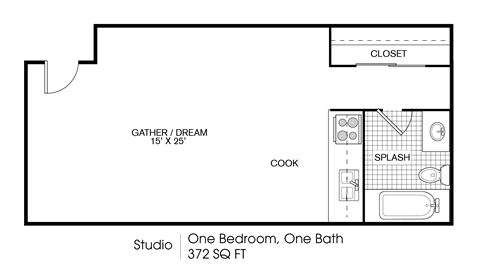 Floor plan for 1 bed, 1 bath, 372 sqft