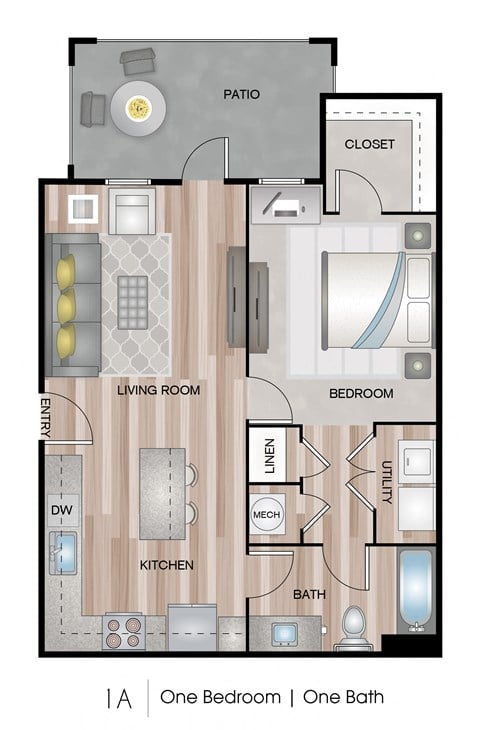Floor plan for 1 bed, 1 bath, 668 sqft