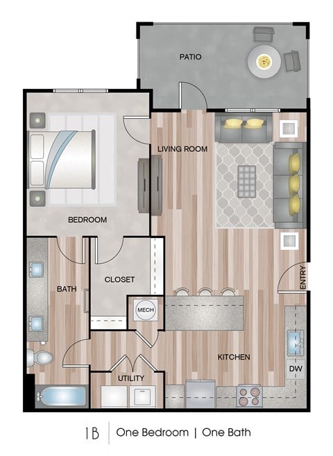 Floor plan for 1 bed, 1 bath, 762 sqft