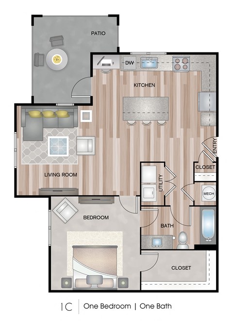 Floor plan for 1 bed, 1 bath, 773 sqft