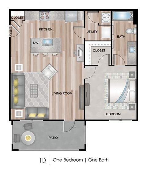 Floor plan for 1 bed, 1 bath, 793 sqft