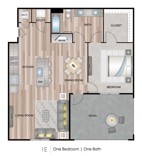 Floor plan for 1 bed, 1 bath, 840 sqft