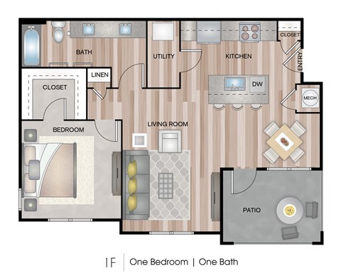 Floor plan for 1 bed, 1 bath, 783 sqft