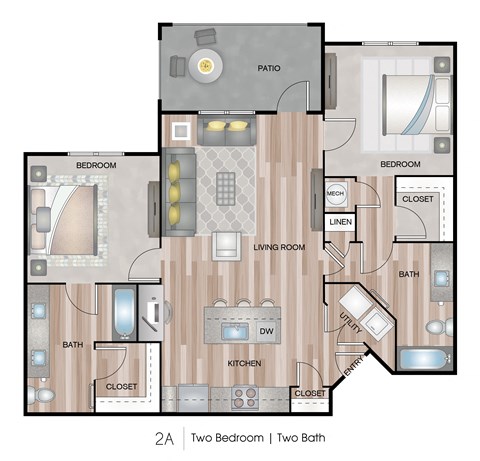 Floor plan for 2 beds, 2 baths, 1144 sqft