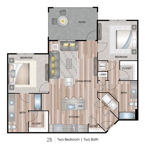 Floor plan for 2 beds, 2 baths, 1169 sqft