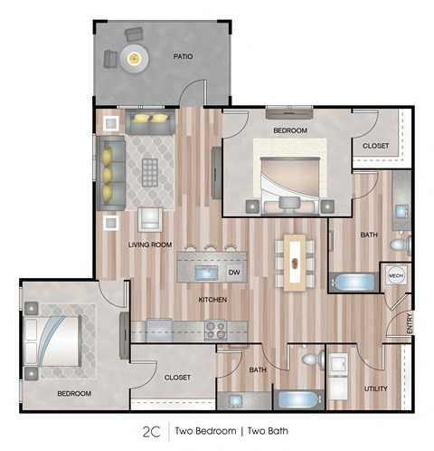 Floor plan for 2 beds, 2 baths, 1174 sqft