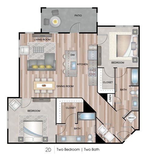 Floor plan for 2 beds, 2 baths, 1243 sqft