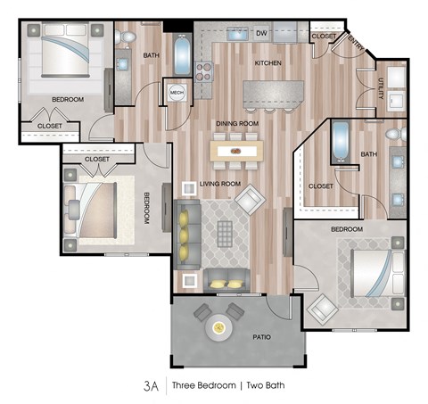 Floor plan for 3 beds, 2 baths, 1351 sqft