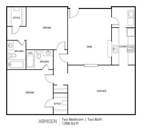 Floor plan for 2 beds, 2 baths, 1006 sqft