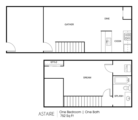 Floor plan for 1 bed, 1 bath, 752 sqft