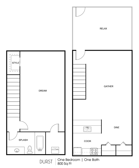 Floor plan for 1 bed, 1 bath, 800 sqft