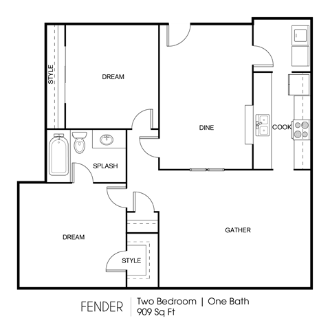 Floor plan for 2 beds, 1 bath, 909 sqft