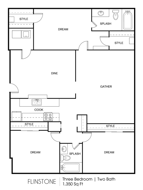 Floor plan for 3 beds, 2 baths, 1232 sqft