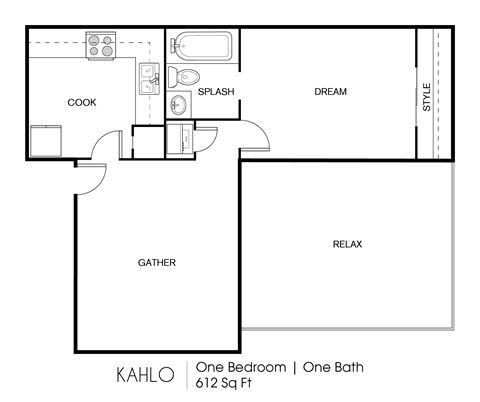 Floor plan for 1 bed, 1 bath, 612 sqft