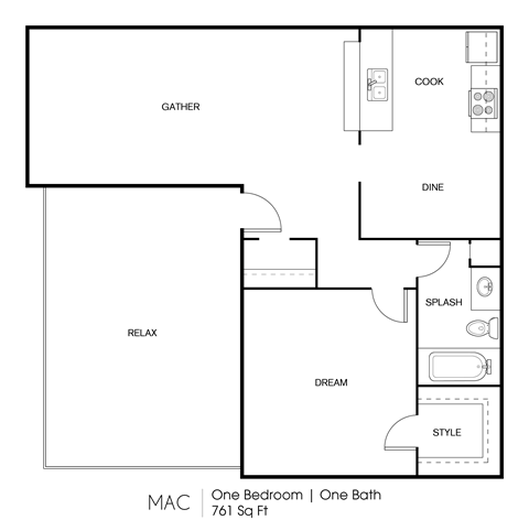 Floor plan for 1 bed, 1 bath, 761 sqft